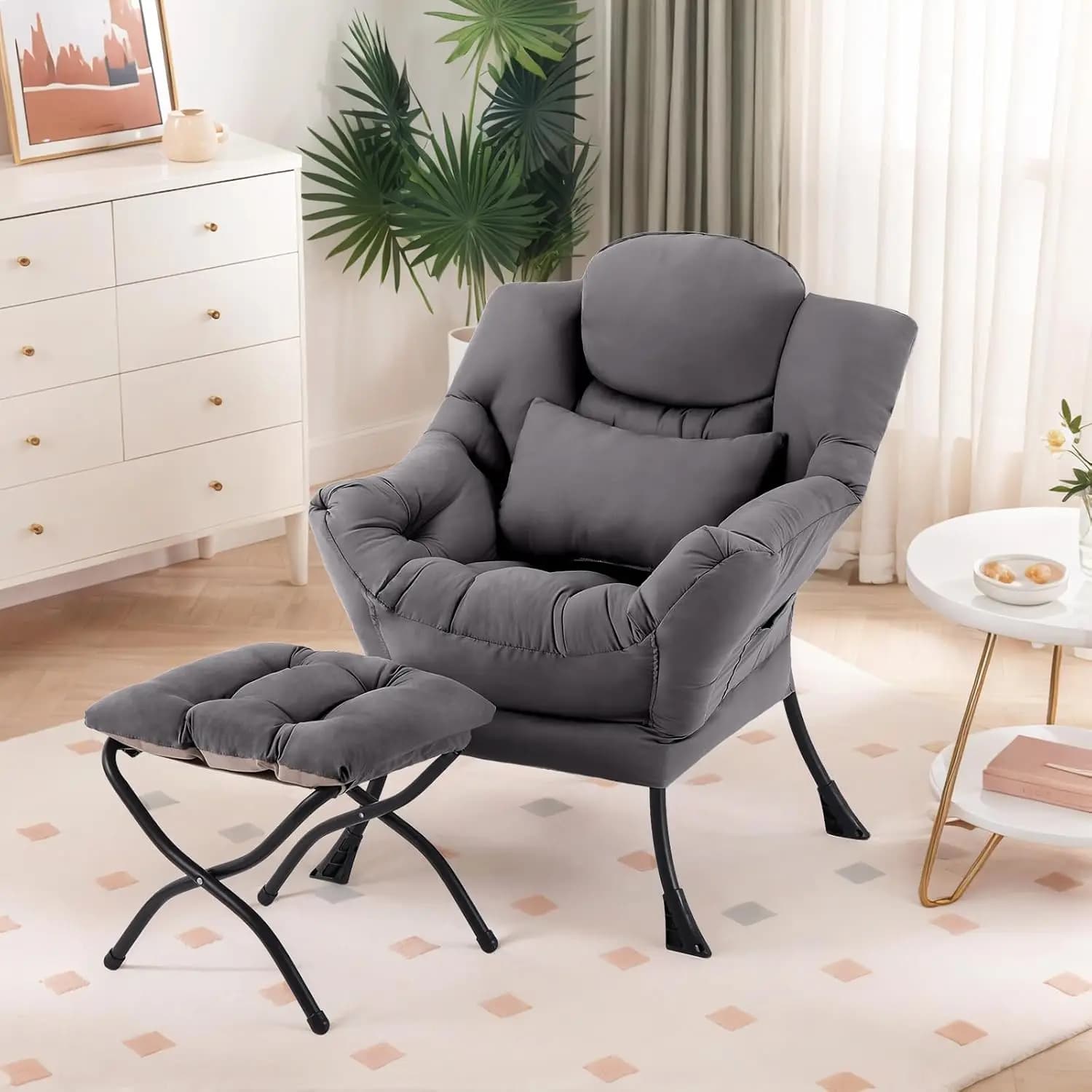 Poltrona Relax con Poggiapiedi, Comoda Sedia Imbottita con Cuscino Lombare e Poggiapiedi Pieghevole, Divano per Lettura e Relax