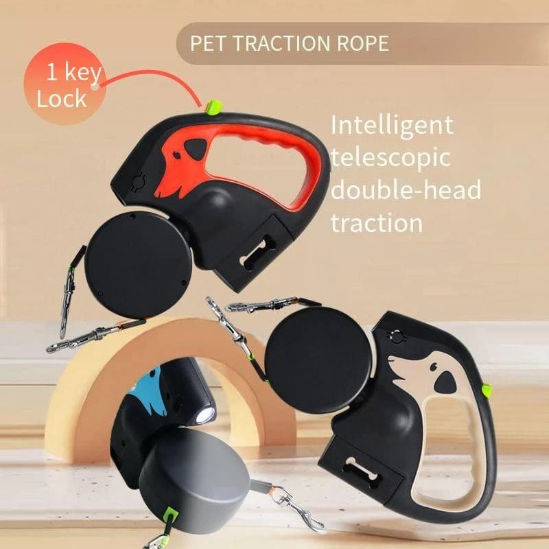 Guinzaglio per animali domestici in nylon rotante da 3 m per 2 cani Guinzagli a doppia corda regolabili con torcia Borsa per cacca Scatola Corda di trazione per animali domestici Retrattile