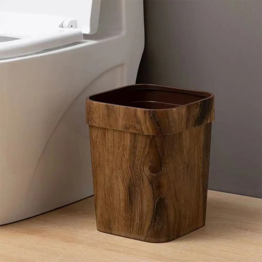 Pattumiera quadrata a grana di legno pattumiera da bagno per ufficio scoperta in plastica per uso domestico