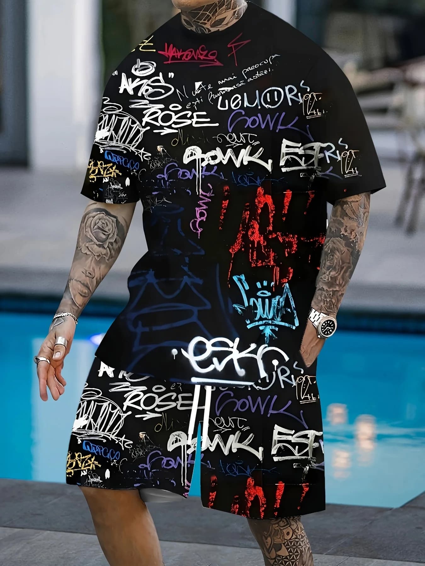 Completo Estivo 2026 da Uomo: Set Pantaloncini e Maglietta a Maniche Corte con Stampa Graffiti 3D - Stile Street Casual, Comodo, Morbido e Traspirante