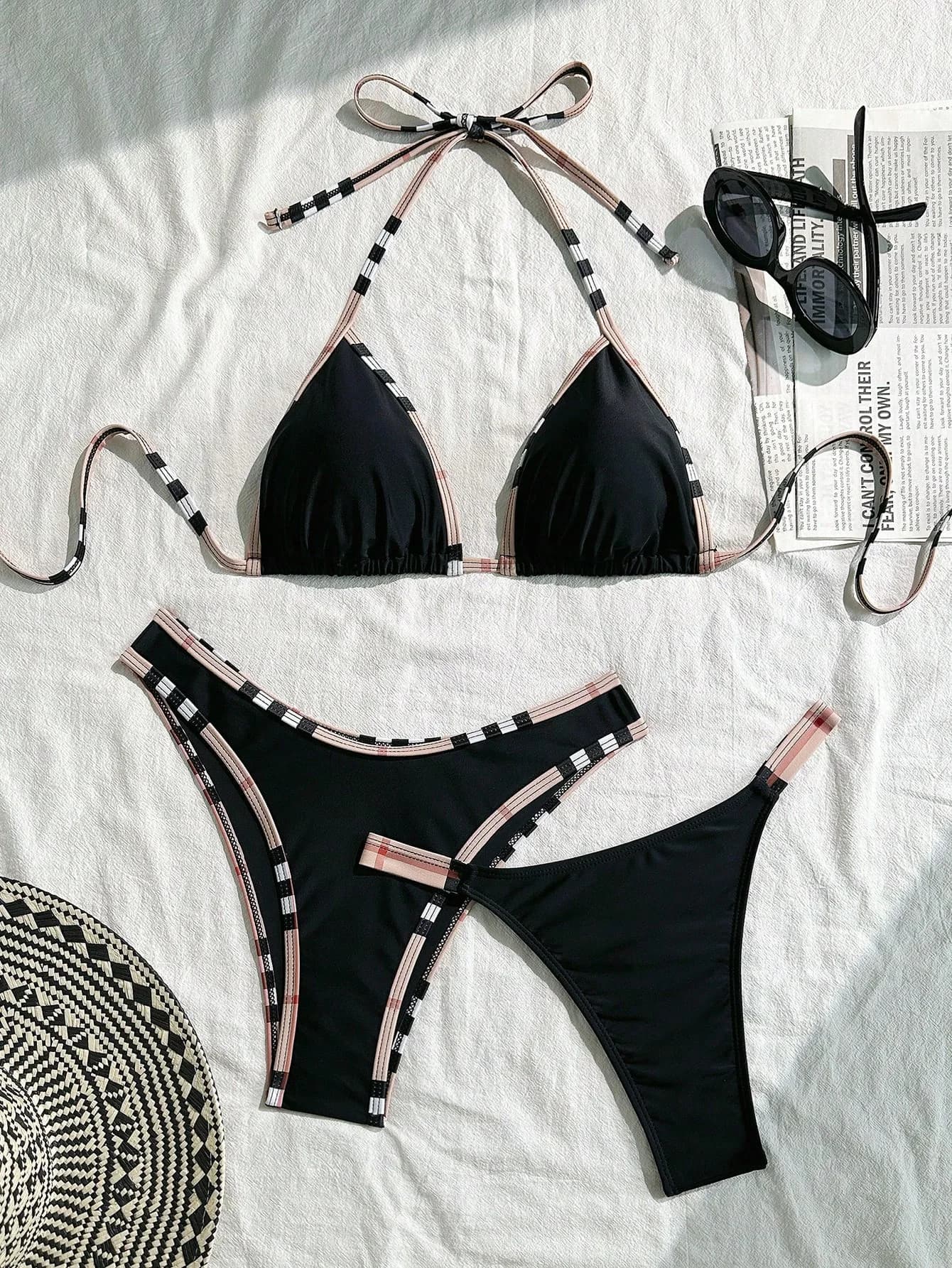 2026 Women Check Print Tie Side 3 Piece Bikini Set Black Triangle Swimsuit Sexy Push Up Tummy Control Beach Vacation Thongs Set