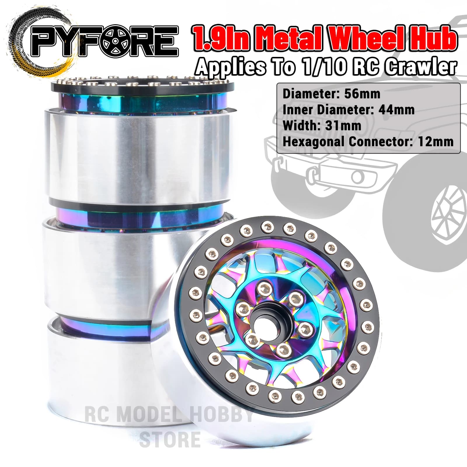 PYFORE 1.9In Mozzo Ruota Da Arrampicata 4PCS Pneumatici 56x31mm 12mm Connettore Esagonale per 1/10 1/8 RC Modello di Auto Crawler Accessori