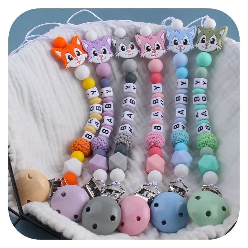 Clip per ciuccio per succhietto per bambini Catena per porta ciuccio in silicone per volpe animale per catena per capezzoli per bambini Giocattolo da masticare per allattamento Regalo per la doccia