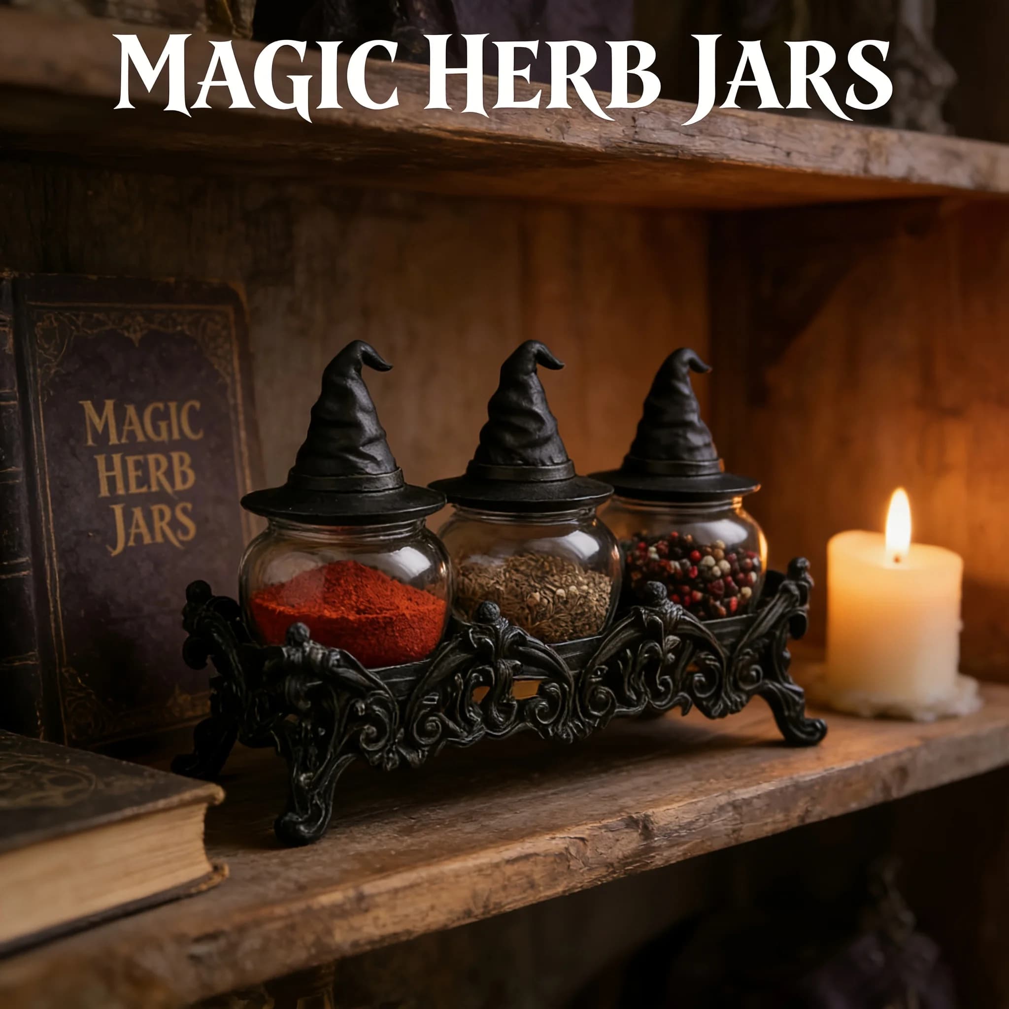 Set di 3 barattoli per spezie a forma di cappello da strega con base in stile gotico e coperchi in vetro vintage realizzati a mano, ideali per conservare spezie, pepe, per Halloween