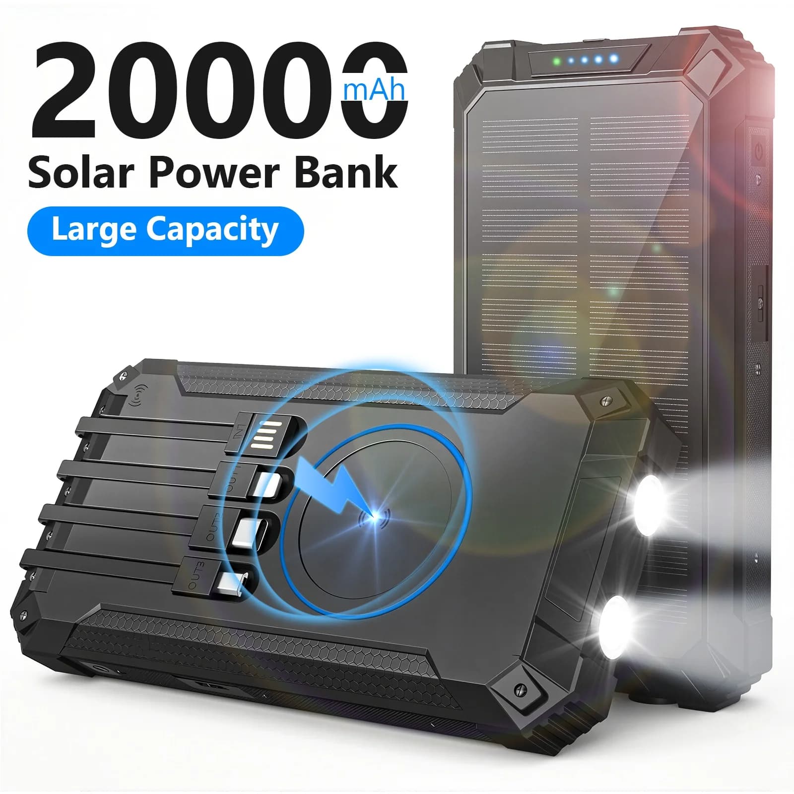 20000mAh Portable Solar Energy Bank Wireless Charging 18W Dual LED Lights 4 Integrated Charging for iPhone Android Phones AirPods