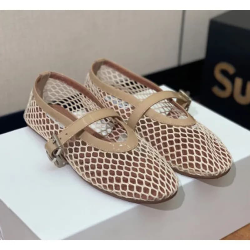 Scarpe estive da donna: Ballerine Mary Jane con punta tonda, fibbie dritte, casual e comode, con intagli, in rete