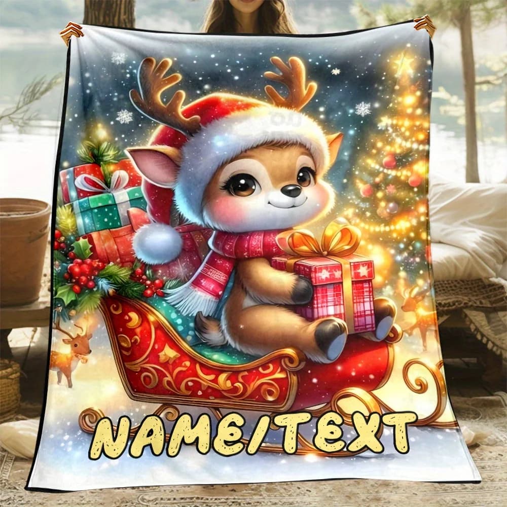 A personalized Christmas luminous deer high-definition printed flannel blanket with customized name, comfortable and lightweight