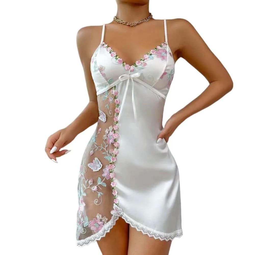 Thin Lace Bow Women's Pajama Dress Flowers Butterfly Embroidered Ice Silk Suspender Nightdress Sleeveless Split