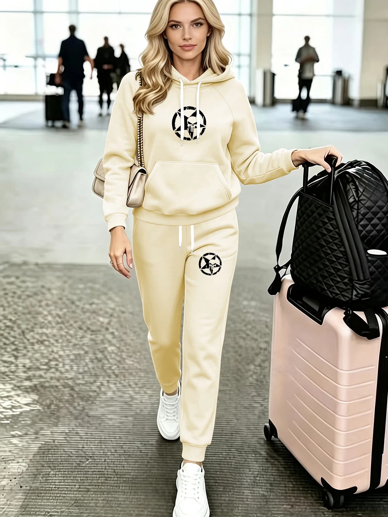 Women's loose oversized hoodie and pants two-piece set, five-star skull print, essential for autumn and winter, fleece-lined and thickened, hooded sweatshirt and sweatpants set, European and American trendy style for men and women couples, long-sleeved regular fit, machine washable, durable, women's casual versatile set, warm, comfortable, windproof, slimming, fashionable and trendy for going out and commuting, practical and beautiful hooded design, sweatshirt and jogging pants two-piece set, women's clothing