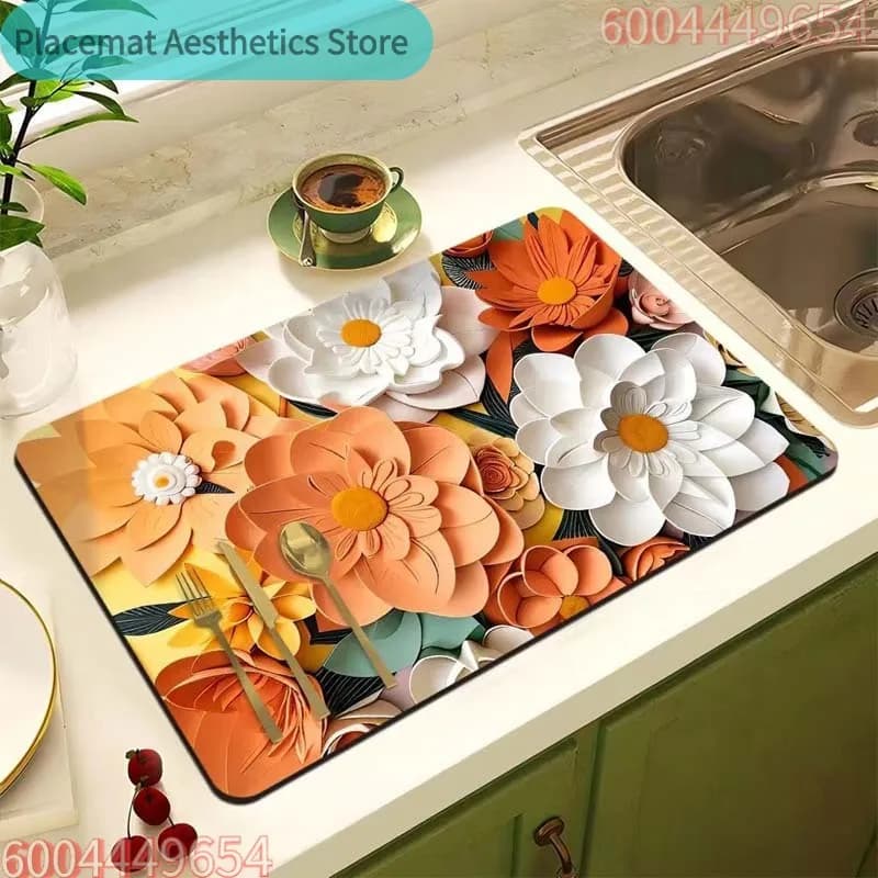 Tappetino da Cucina Floreale Assorbente per Caffettiera e Piano di Lavoro, Tappetino Scolapiatti per Cucina