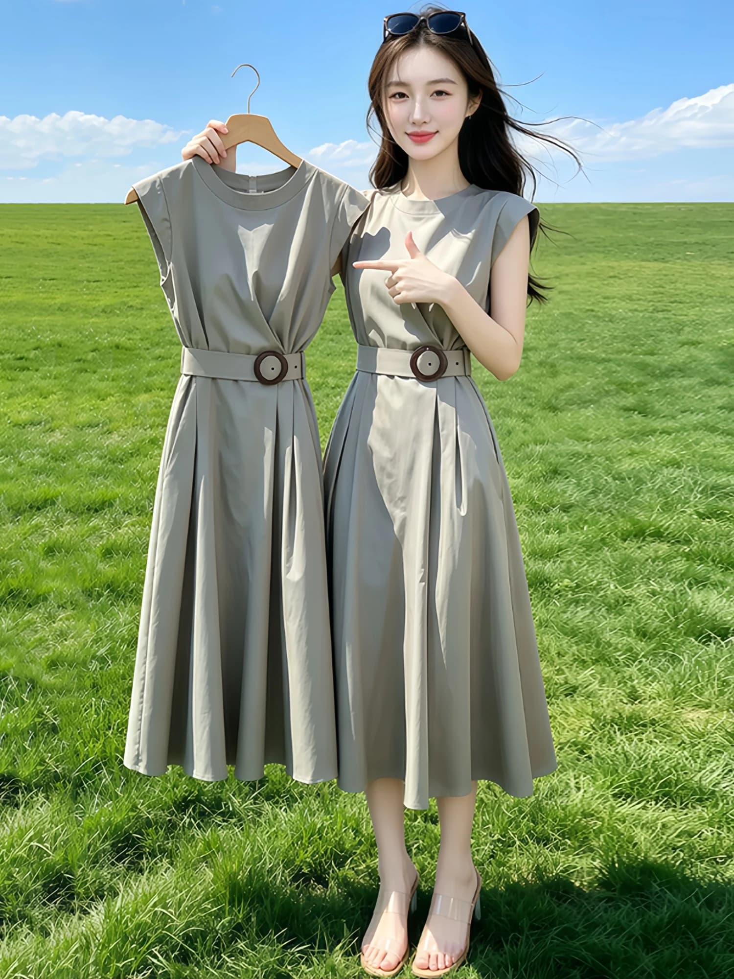 Elegant Waist-Cinching Midi Dress Women's Summer New Lightweight Luxury High-End Feeling Chic Casual Style Polyester Fiber