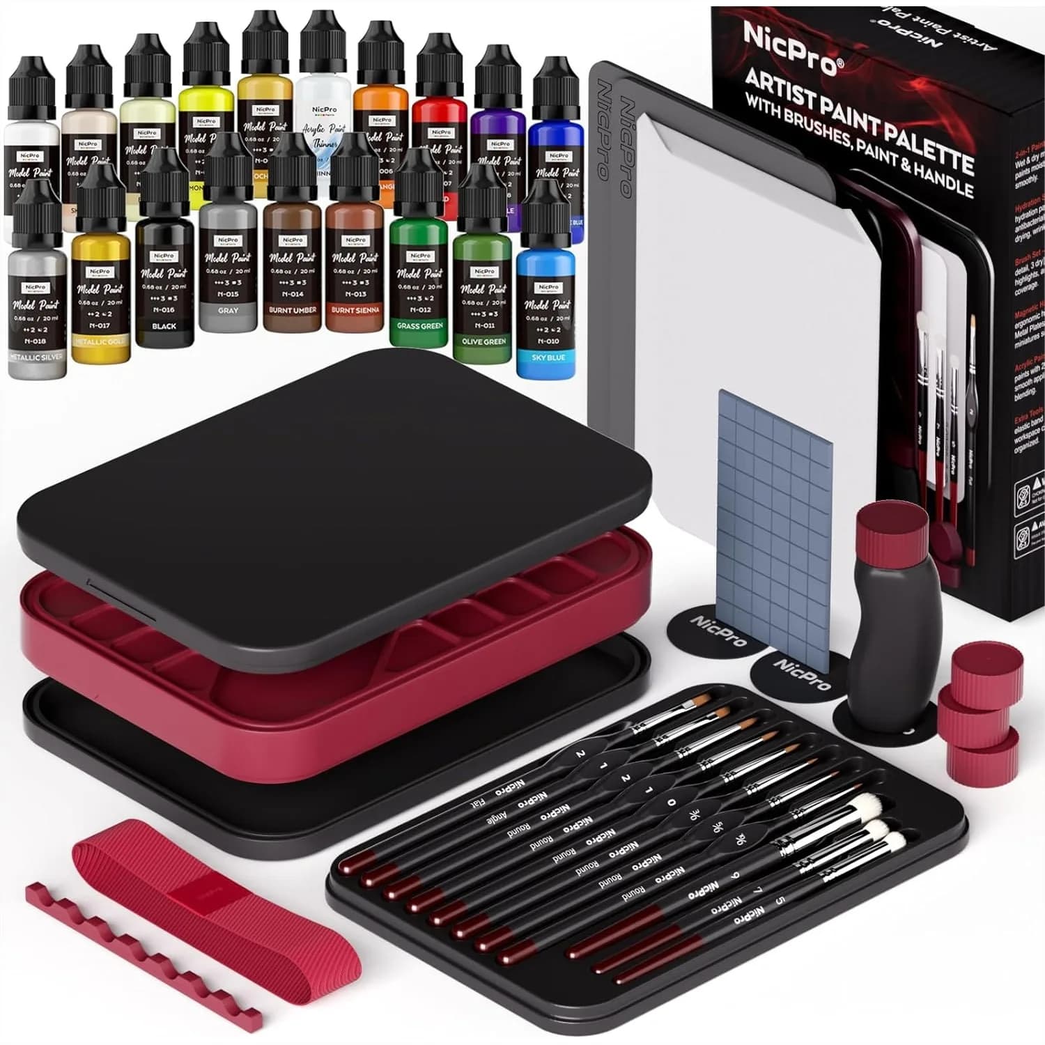 Kit Completo per Pittura in Miniatura con 18 Colori di Vernice Acrilica, Tavolozza Umida, 11 Pennelli di Precisione, Manico Magnetico, Spugne