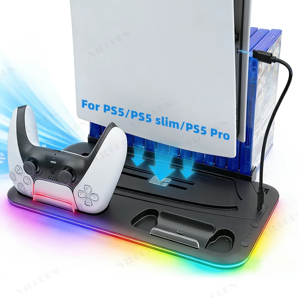 Supporto di raffreddamento per PS5/PS5 Slim/Pro con gancio per cuffie e stazione di ricarica per controller, accessori per console PlayStation 5