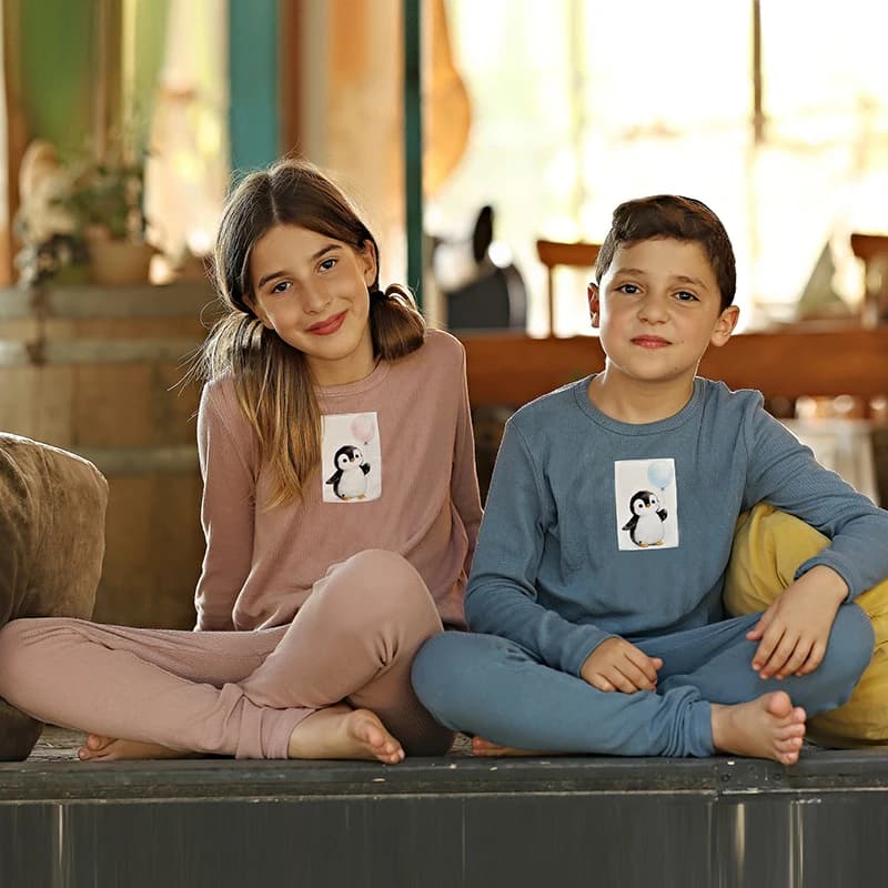 AA AW26 Little Arctic Dream 2pcs Pajamas Set for Kids Modal Ribbed Blue & Pink Boys And Girls Clothing Set