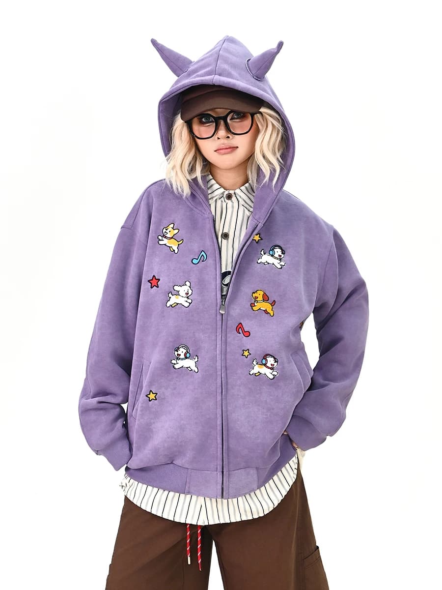 Cardigan con Cappuccio da Donna Stile Coreano, Nuova Moda Primaverile, Felpa con Corna di Diavolo, Streetwear a Maniche Lunghe con Cerniera