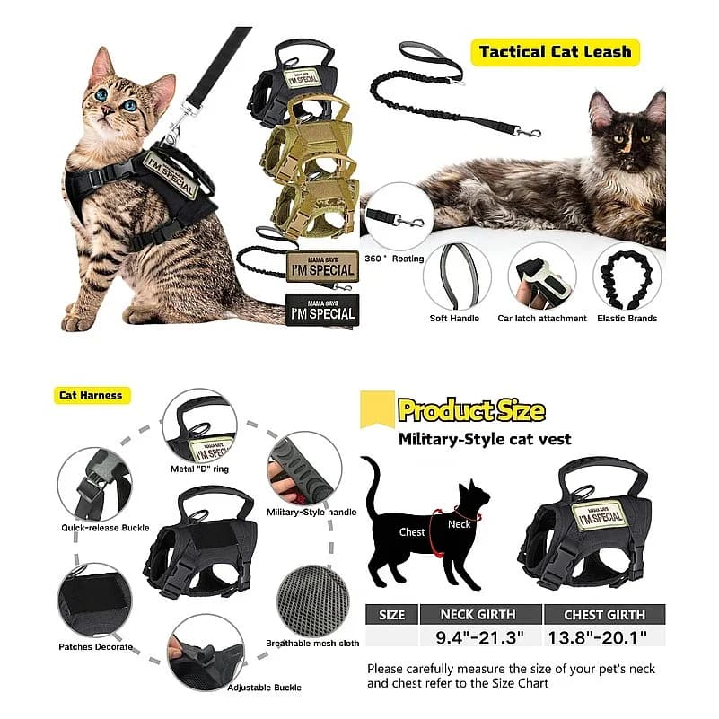 Tactical Cat Dog Harness Leash For Working Adjustable Pet Vest Harness Soft Mesh Training Puppy Straps with Handle For Large Cat