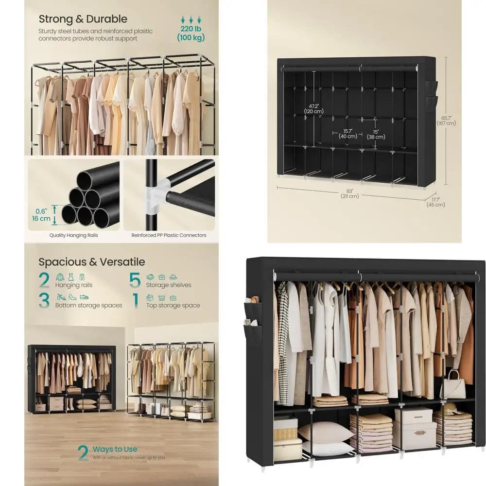 Organizzatore per Armadio Portatile a 5 Aste con Copertura, Ripiani e Tasche Laterali, Ideale per Grandi Spazi, Nero