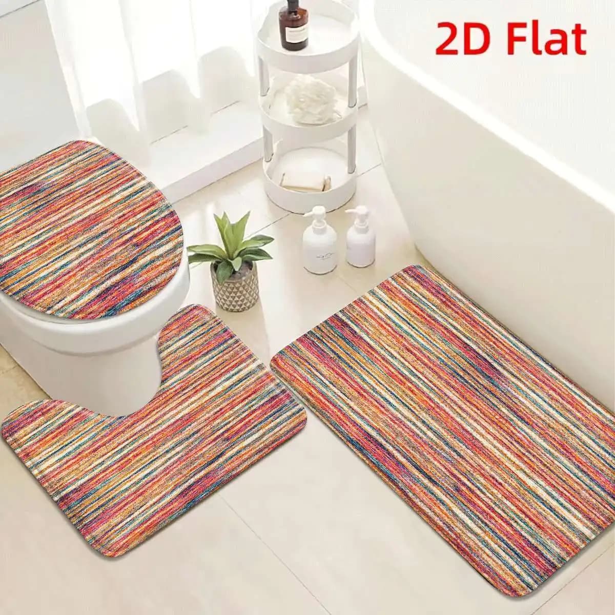 Tappetino da bagno a righe arcobaleno da 3 pezzi, tappetino da toilette assorbente antiscivolo con coperchio per bagno, in flanella lavabile