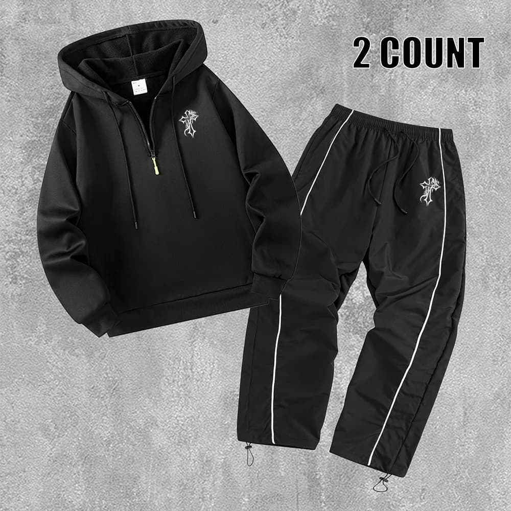 Men's Gothic Cross Print Tracksuit With Half Zip Hoodies And Drawstring Pants Loose Fit Casual Autumn Daily Commute Sportswear