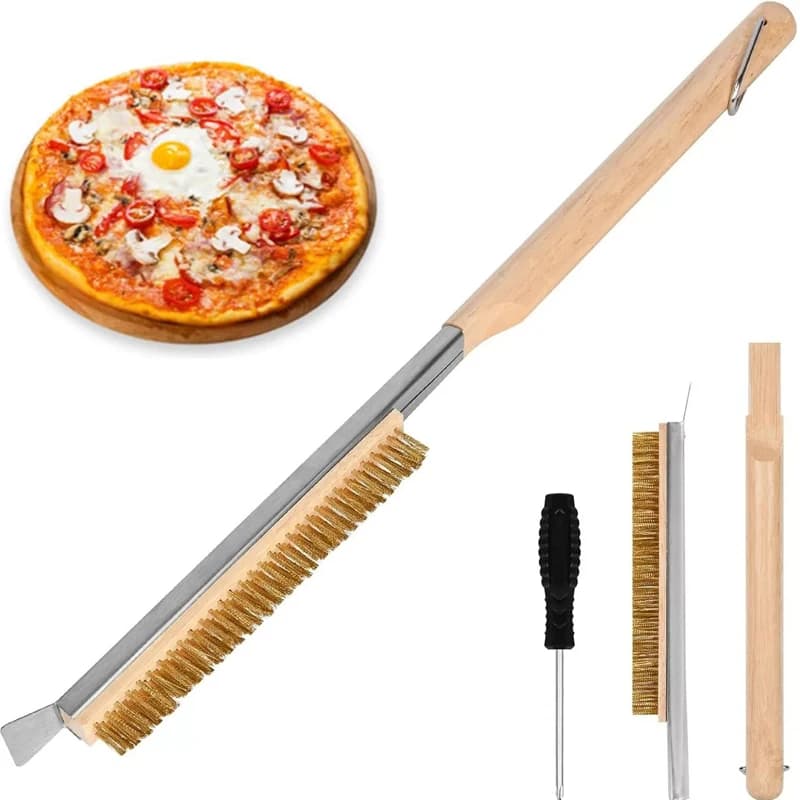 Pizza Oven Brush with Scraper Brass Wire Stone Cleaning Brush for Grill Cleaning Outdoor Oven Accessories simple Wood Handle