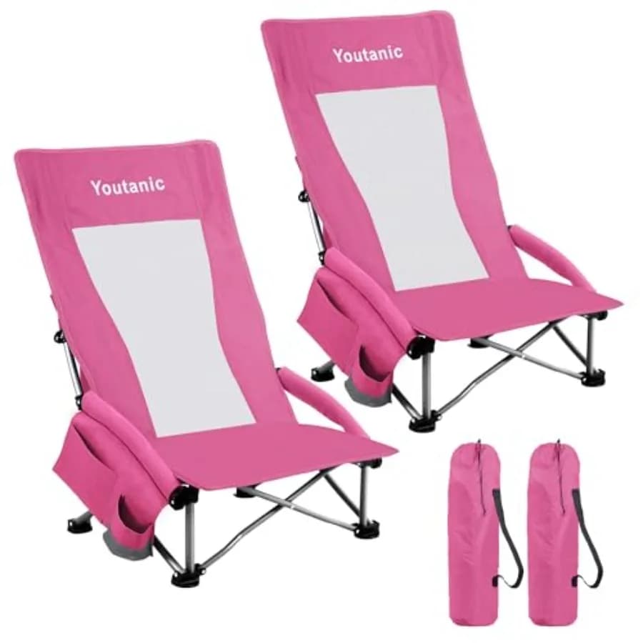 High Back Beach Camping Chair 2 Pack, Extra Wide Folding Outdoor Chair with Cooler Bag, Breathable Mesh Dual-Use Pillow, Portab