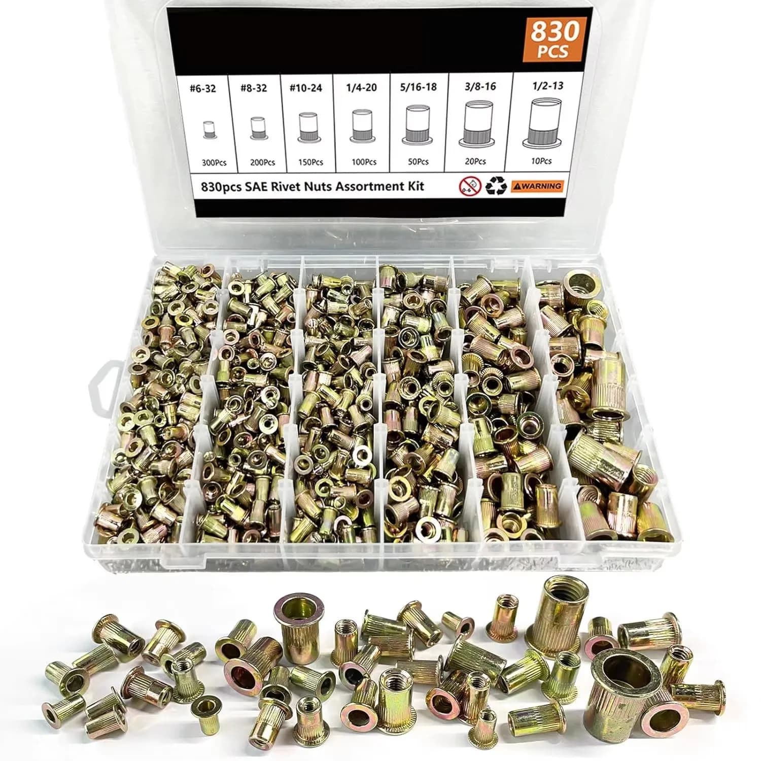 830pcs Metric/SAE Rivet Nut Tool Kit, Rivet Nut Assortment Kit M3,M4,M5,M6,M8,M10,M12, Flat Head Threaded Insert Nuts
