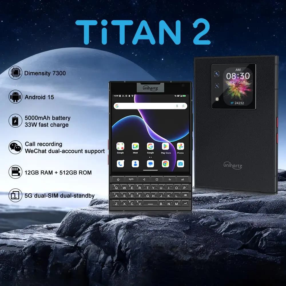 Unihertz Titan 2 Smartphone 5G con Tastiera Fisica QWERTY, 4.5'', 12GB 512GB, 5050mAh, 33W, Fotocamera 50MP, Dimensity 7300, Android 15, NFC