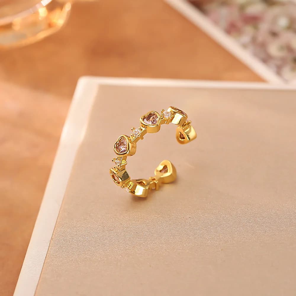 Fashionable and exquisite pink zircon love ring for women with sweet design, niche, light luxury and versatile open ring