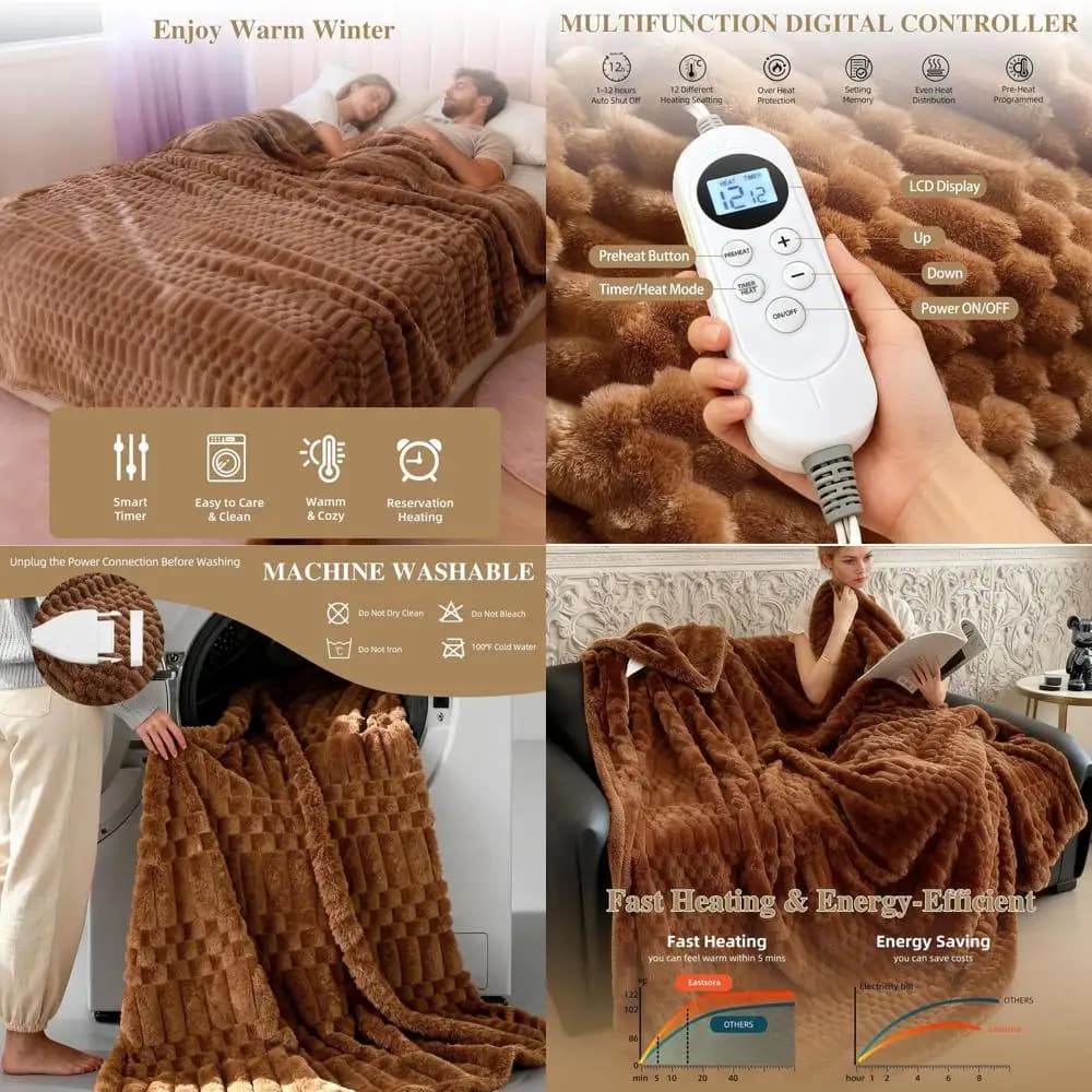 Coperta Elettrica in Flanella 72x84 con 12 Impostazioni di Calore, Spegnimento Automatico, Lavabile in Lavatrice (Marrone)