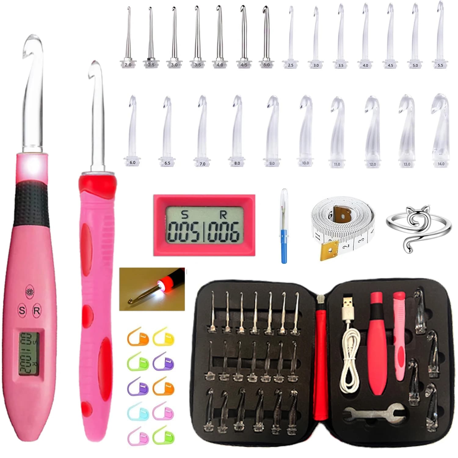24 Sizes Crochet Hook Set with LED Light and Stitch&Row Counter Digital Ergonomic Handle Knitting Kit DIY Tool for Beginner new