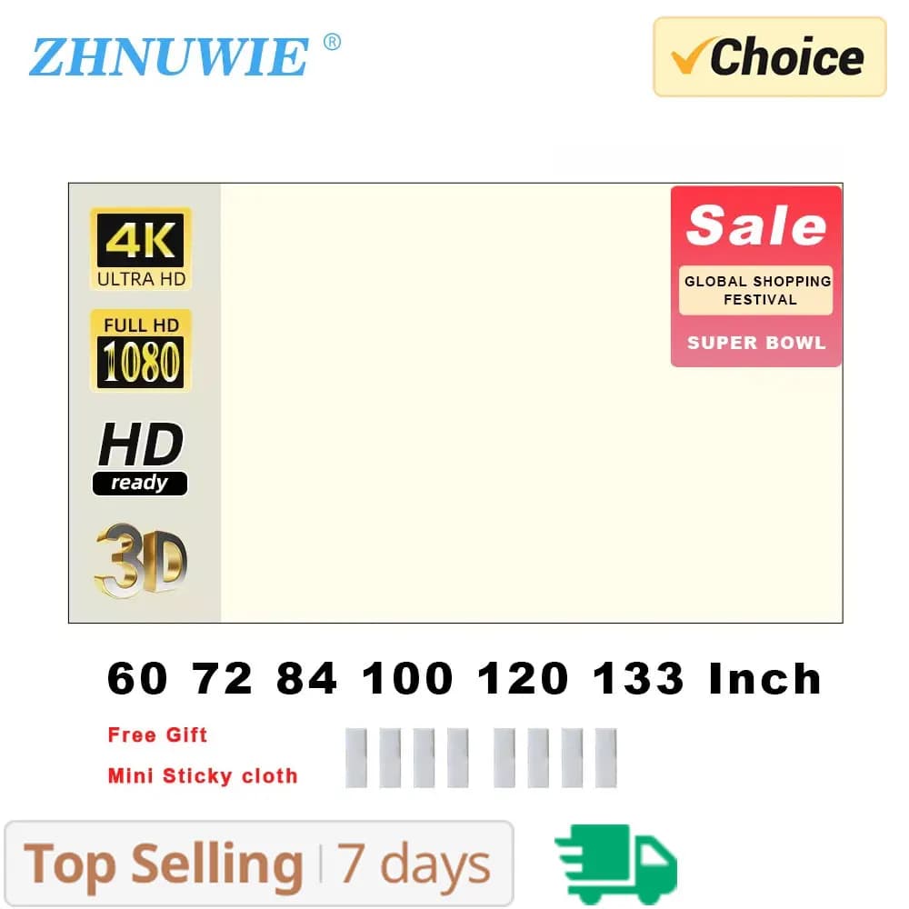 ZHNUWIE Schermo per proiettore Griglia bianca Anti-luce 16:9 Schermo per proiezione 60 72 84 100 120 133 in tessuto riflettente per Home Theater
