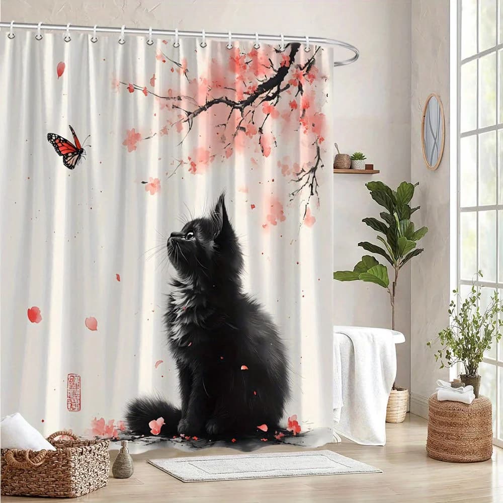Tenda da doccia 1 pezzo con fiore di ciliegio gatto nero, tessuto in poliestere, con ganci, lavabile in lavatrice, arredamento per il bagno a tema alla moda