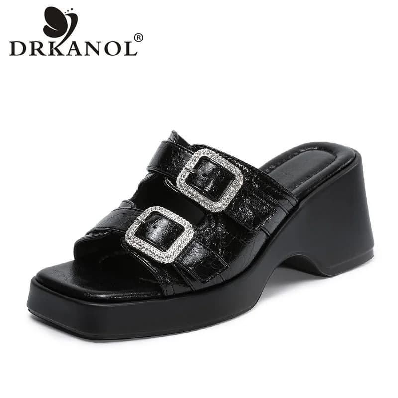 DRKANOL Elegant 7cm Height Increasing Slippers Women Genuine Leather Wedges Platform Open Toe Casual Rhinestone Sandals Slides