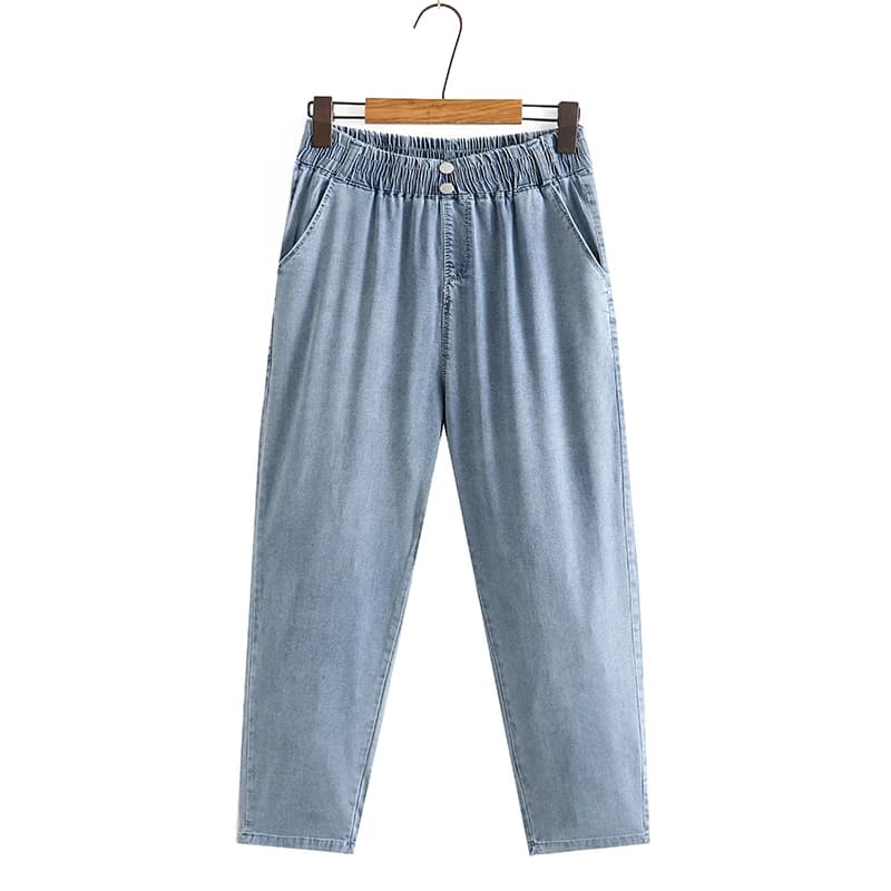 Summer Women's Casual Large Size Jeans Elastic Waist Double Button Silk Denim Harem Nine Point Pants High Waist Thin Fabric
