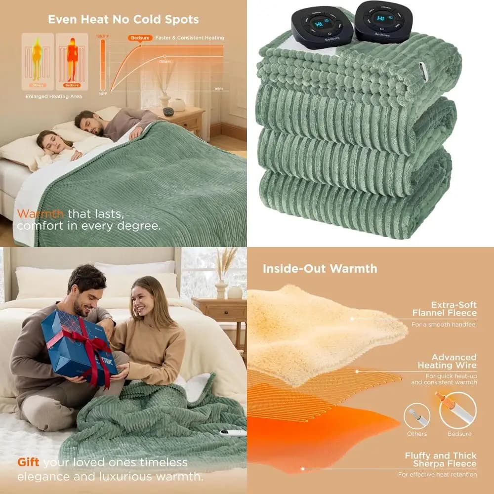 Coperta Elettrica Queen Size - Flanella a Costine con Doppi Controlli, 10 Impostazioni di Calore e Tempo, Spegnimento Automatico 8 Ore (213x228 cm, Verde)