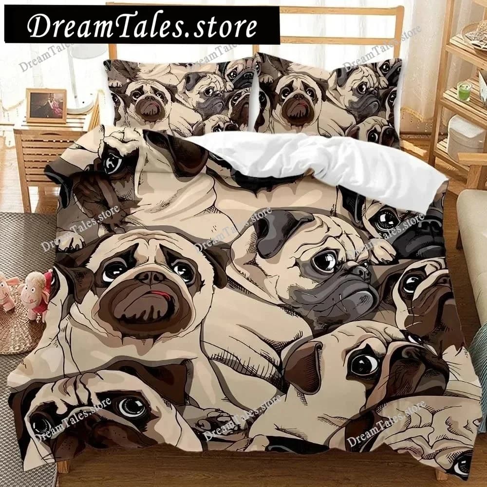 Dog Duvet Cover Set Lovely Pug Dog with Gun Bedding Set for Kids Teens Cartoon Pet Double Queen King Size Polyester Quilt Cover