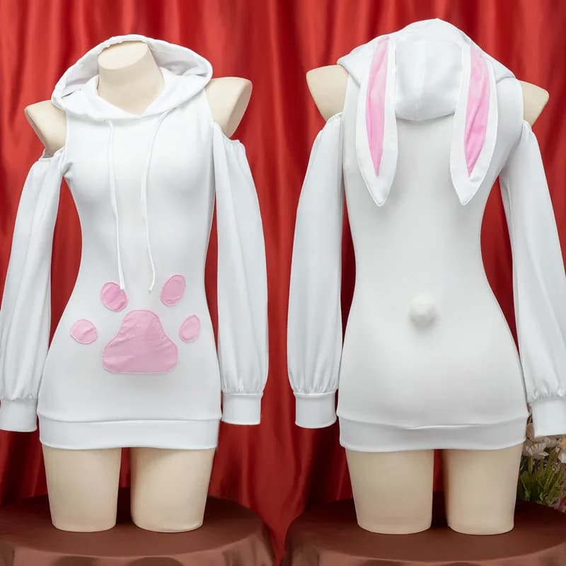 Hot!Sexy Women Cute Cat Claw Plush Sweater Hooded Zipper Anime cartoon Tail Skirt Rabbit Dva Costume Night Club Cosplay Dress