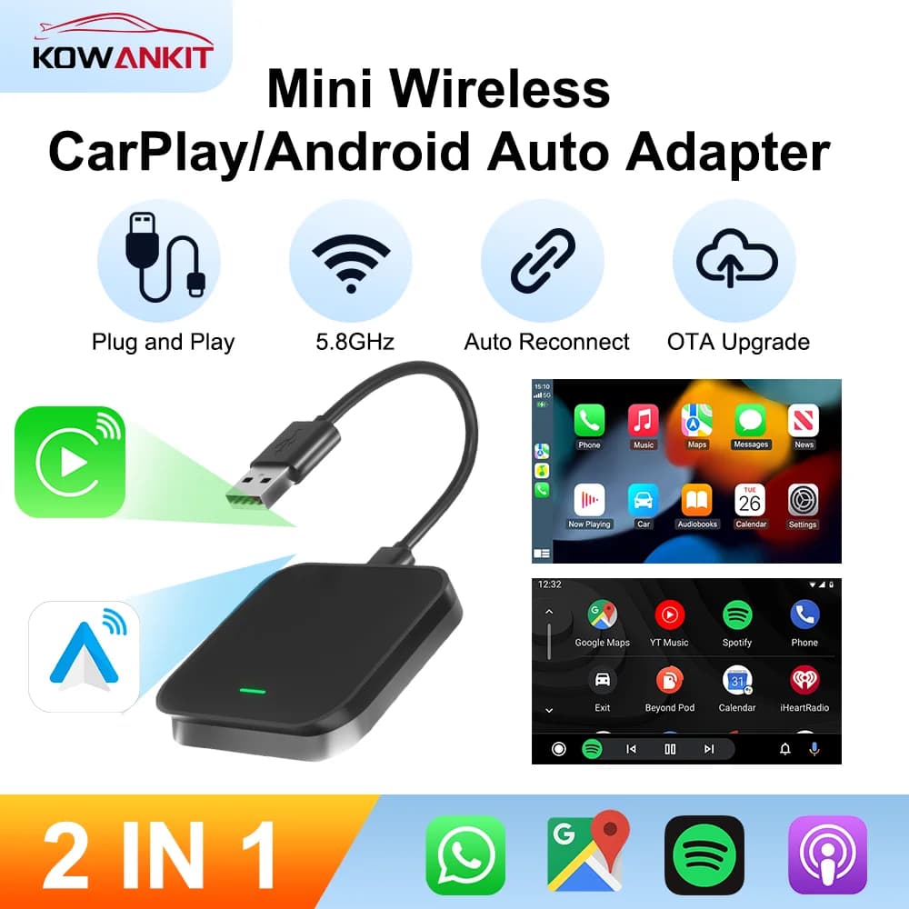 2 in 1 Wireless CarPlay Android Auto Dongle Plug & Play Smart Mini AI Box Car Bluetooth Adapter KowanKit 2026