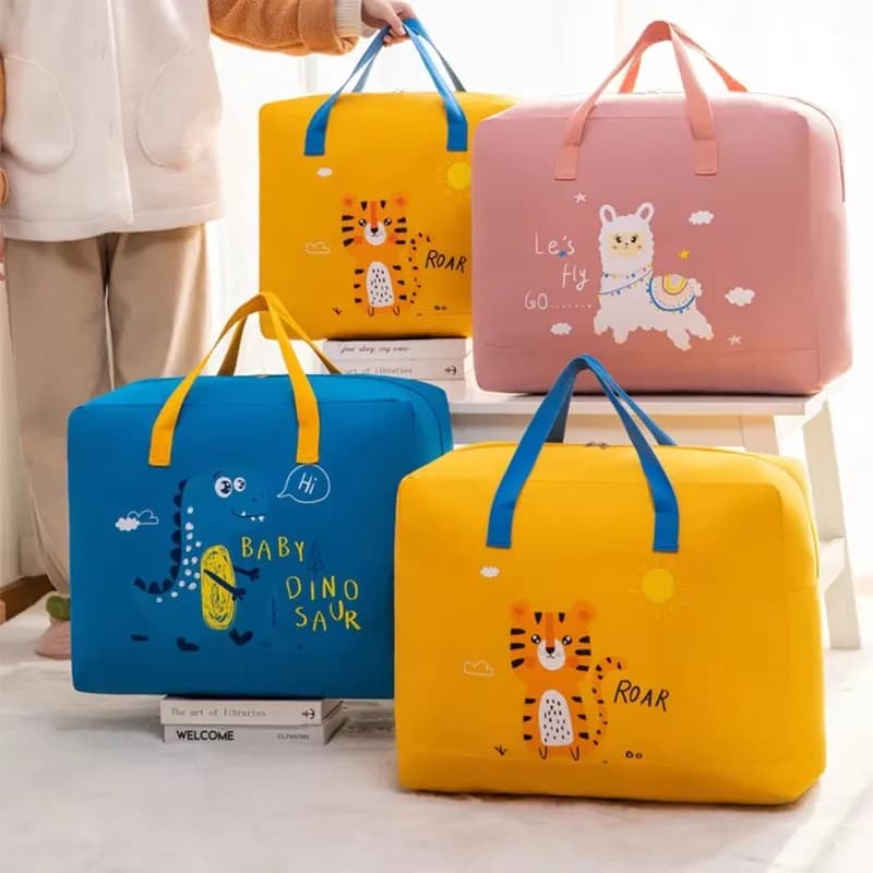 Waterproof Oxford Clothes Storage Bag Cartoon Animal Print Portable Hand Luggage Bag Dorm Moving Quilt Organizer Tote Bag