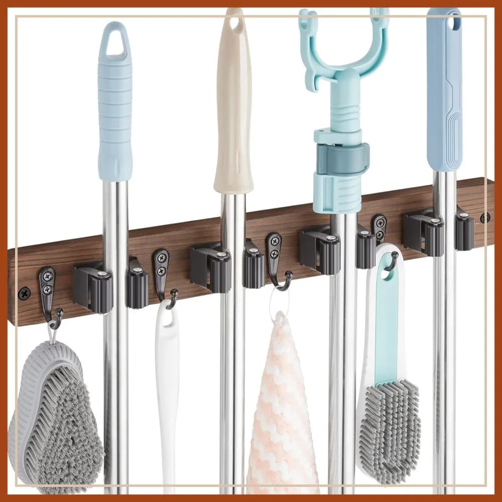 Supporto da Parete per Scopa e Mop - Appendiattrezzi in Legno - Organizzatore da Parete per Attrezzi da Giardino con 4 Scomparti e 4 Ganci