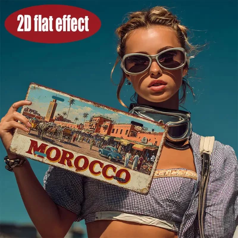 Stampa su Alluminio HD, Stile Targa Retrò Vintage Marocco Marrakech Medina Souk, Arte Murale in Metallo ad Alta Definizione Resistente alle Piegature