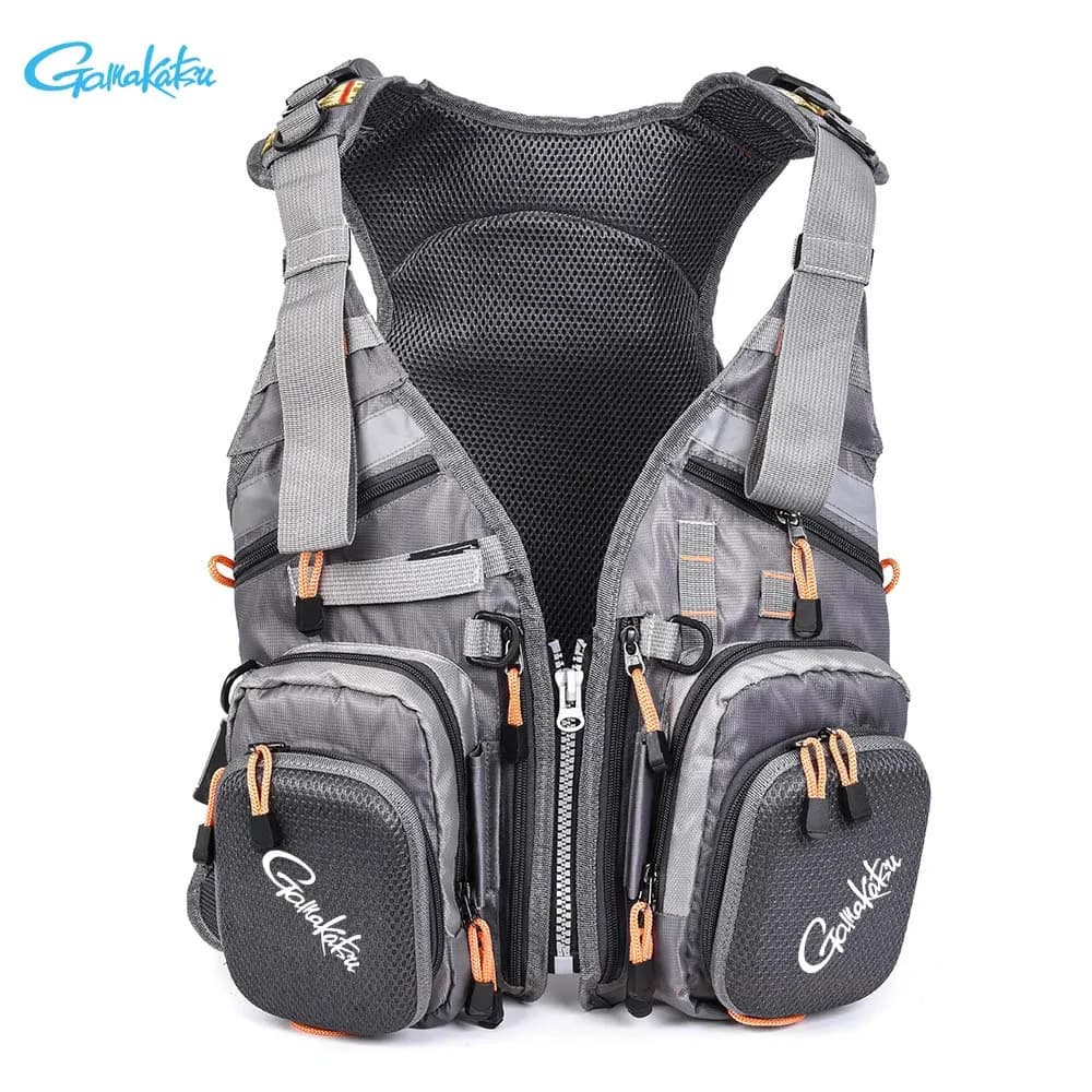 Gamakatsu Gilet da pesca + Giubbotto di salvataggio + Zaino Giubbotto di salvataggio multifunzionale Doppia borsa da pesca a mosca con tasche multiple