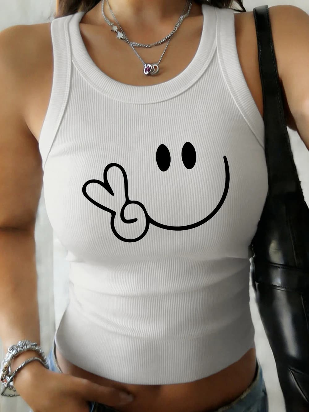 Canotta Estiva da Donna in Cotone con Stampa Sorriso a Forbice, Slim Fit, Senza Maniche, Casual, Morbida, con Scollo a O