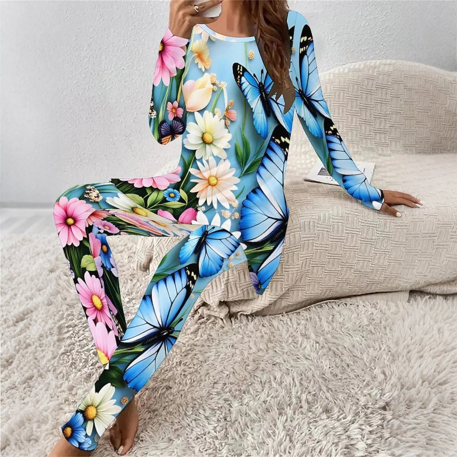 Women Print Two Piece Set Vacation Long Sleeved Fashion Retro Tops Everyday Exercise Leggings