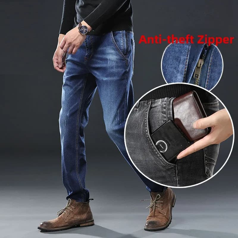 Men's high-end stretch jeans, strong sizes, casual, with side pockets, middle waist, cotton, straight leg, casual business style