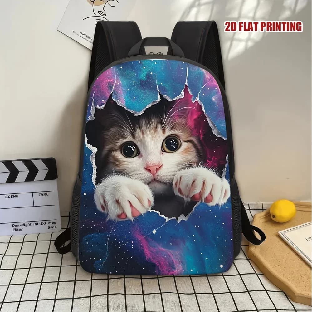 Flat 2D backpack with cat pattern that destroys the wall, starry sky and paws footprints - Space theme distinctive design