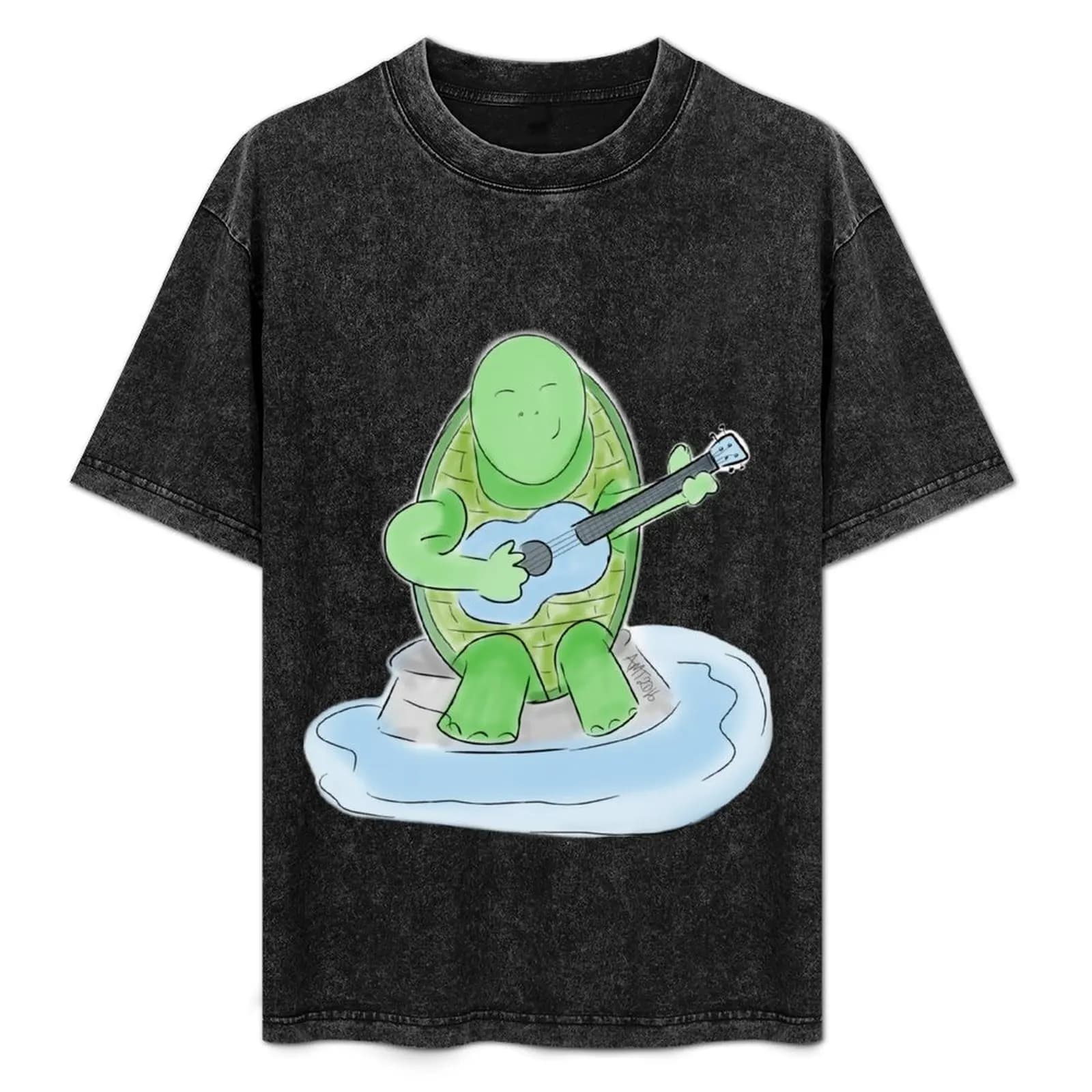 T-shirt a maniche corte da lavoro con stampa Happy Turtle suona il ukulele