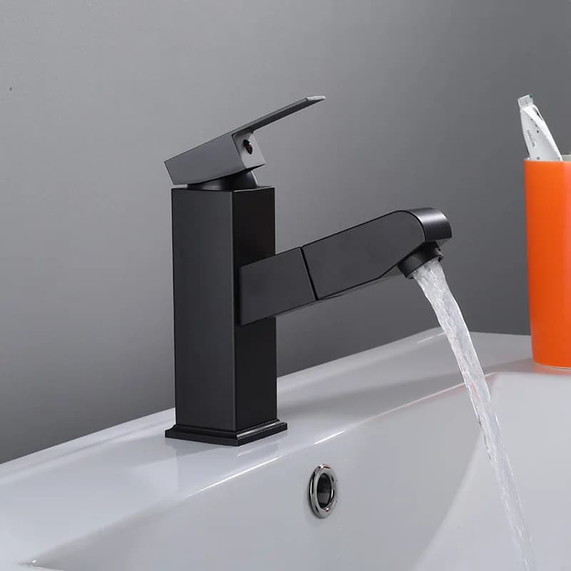 Modern Black Pull Out Bathroom Basin Faucet With Shower Spray Stream Stainless Steel Washbasin Tap Hot Cold Water Mixer Crane