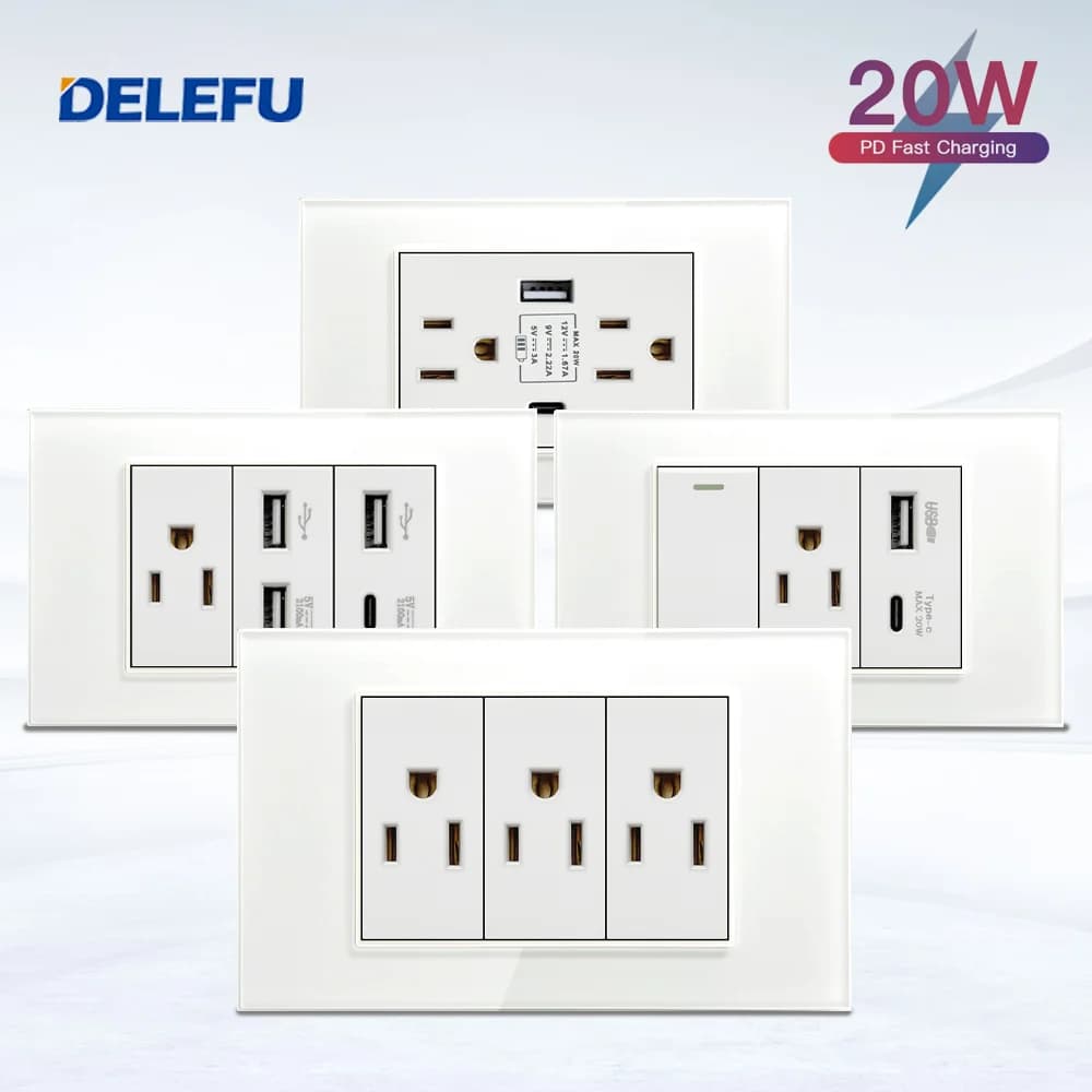 DELEFU Pannello in vetro bianco da 118 mm Standard messicano Tipo C Interruttore presa a muro americana Ricarica rapida Telefono satellitare CAT5 CAT6