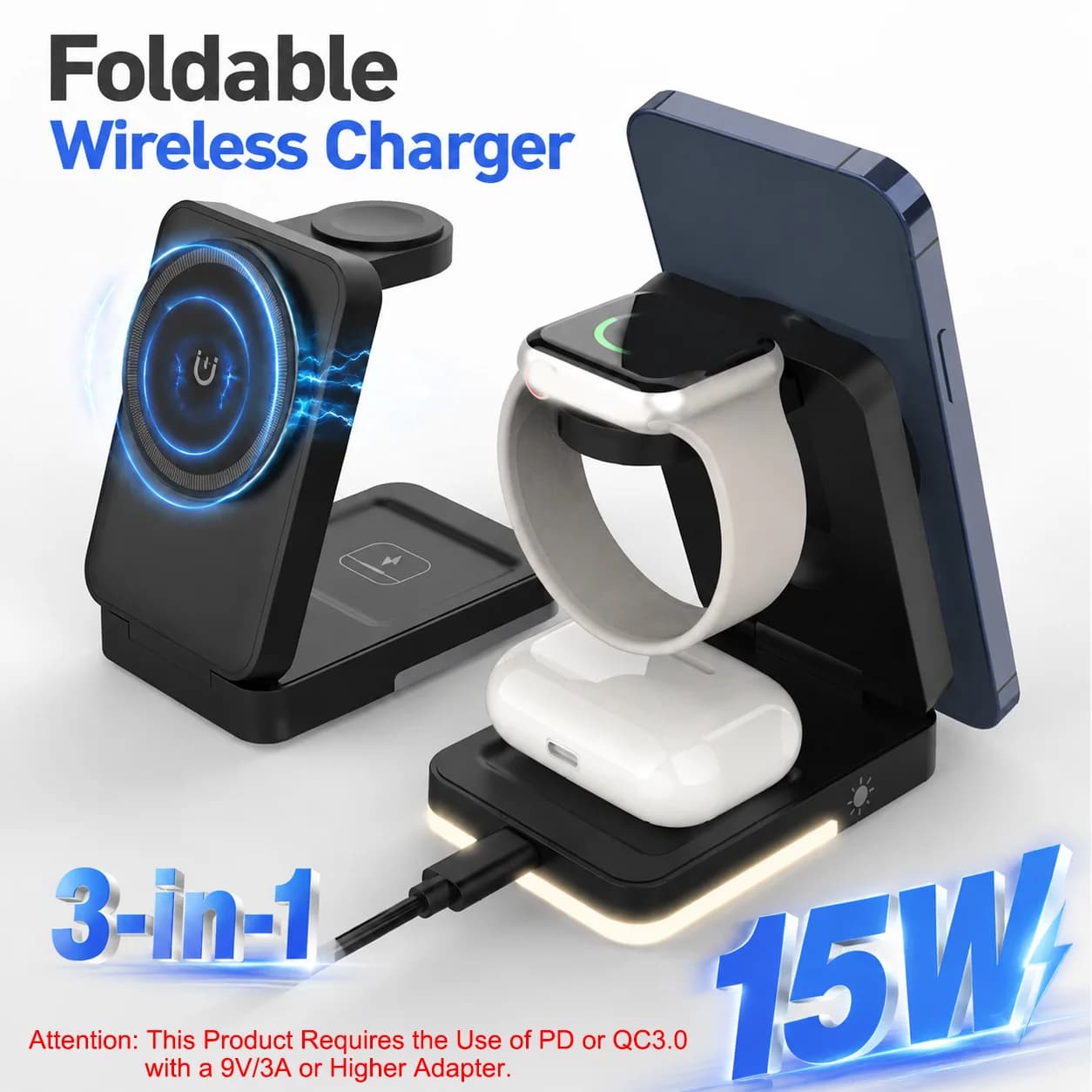 3-in-1 Foldable Wireless Charger 15W Magnetic Induction Charger Portable Travel Fast Charging Station for iPhone Watch Earphones